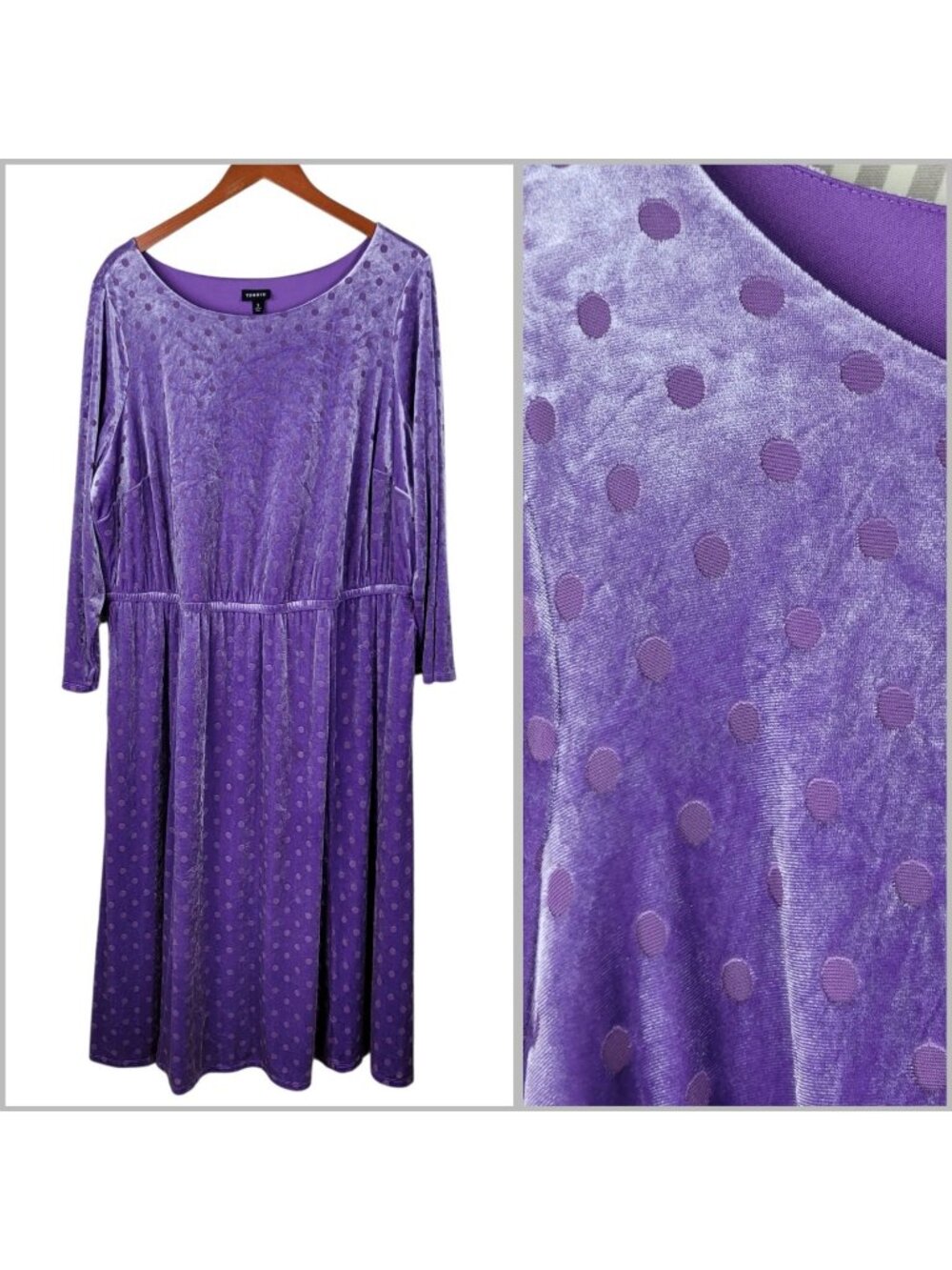 Torrid Plus 3 3X Dress Midi Long Burnout Velvet Boatneck Dress Purple Polka Dot